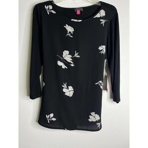 VINCE Camuto Pullover Daybreak Blouse Shirt Black Floral Size Medium Tie